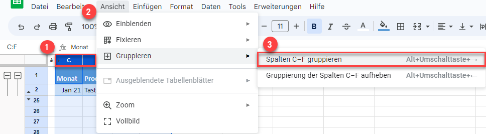 spalten gruppieren google sheets