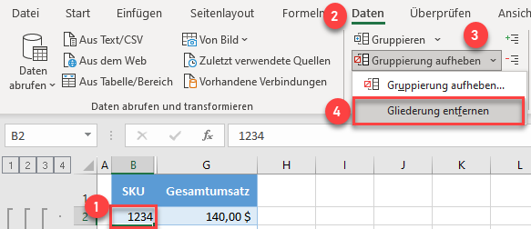 zeilen aufklappen einklappen AutoGruppierung entfernen