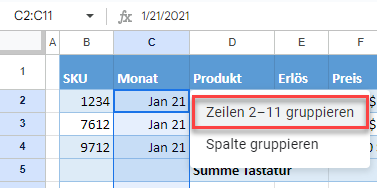 zeilen gruppieren google sheets