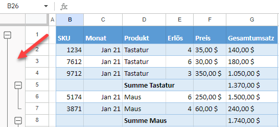 zeilen gruppierung aufgehoben google sheets