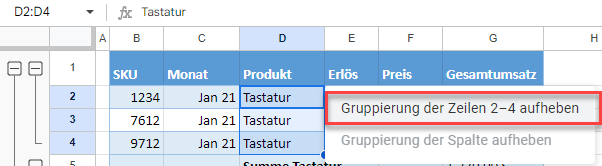 zeilen gruppierung aufheben google sheets