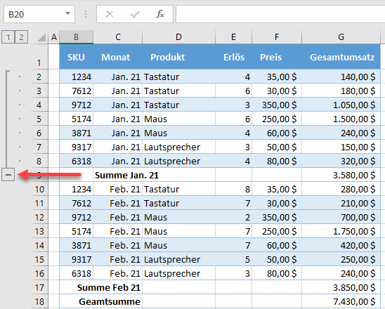 zeilen spalten aufklappen einklappen daten gruppiert