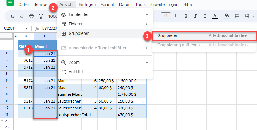 zeilen spalten gruppieren google sheets