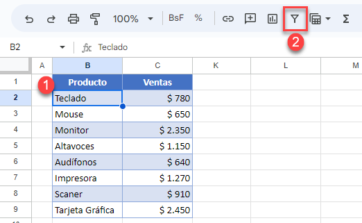 Activar Autofiltro en Google Sheets