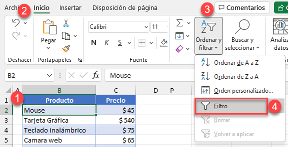Activar Filtro en Tabla de Excel