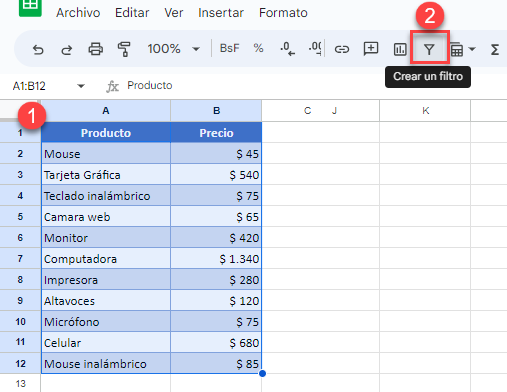 Activar Filtro en Tabla de Google Sheets