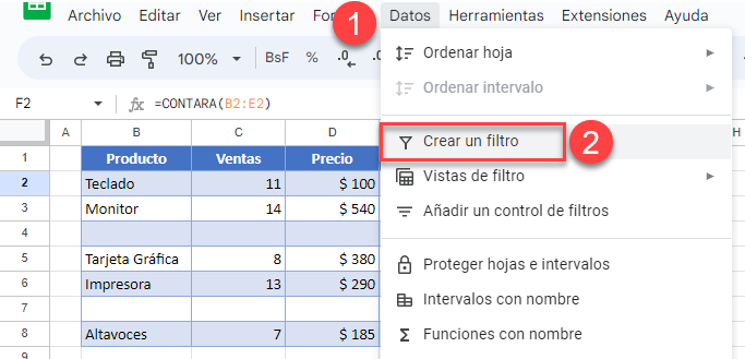 Activar Filtros en Google Sheets