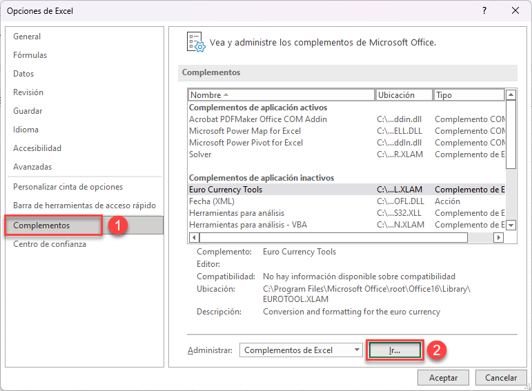 Administrar Complementos en Excel