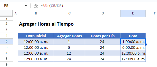 Agregar Horas al Tiempo en Google Sheets