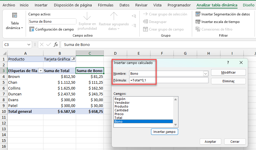 Agregar un Campo Calculado en una Tabla Dinámica en Excel