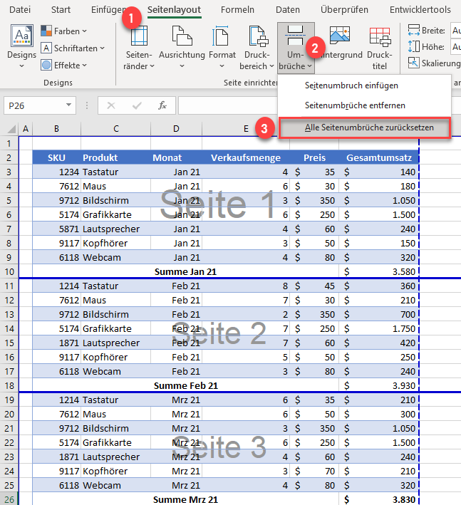 Alle Seitenumbrueche in Excel entfernen