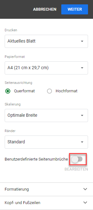 Alle Seitenumbrueche in Google Sheets entfernen