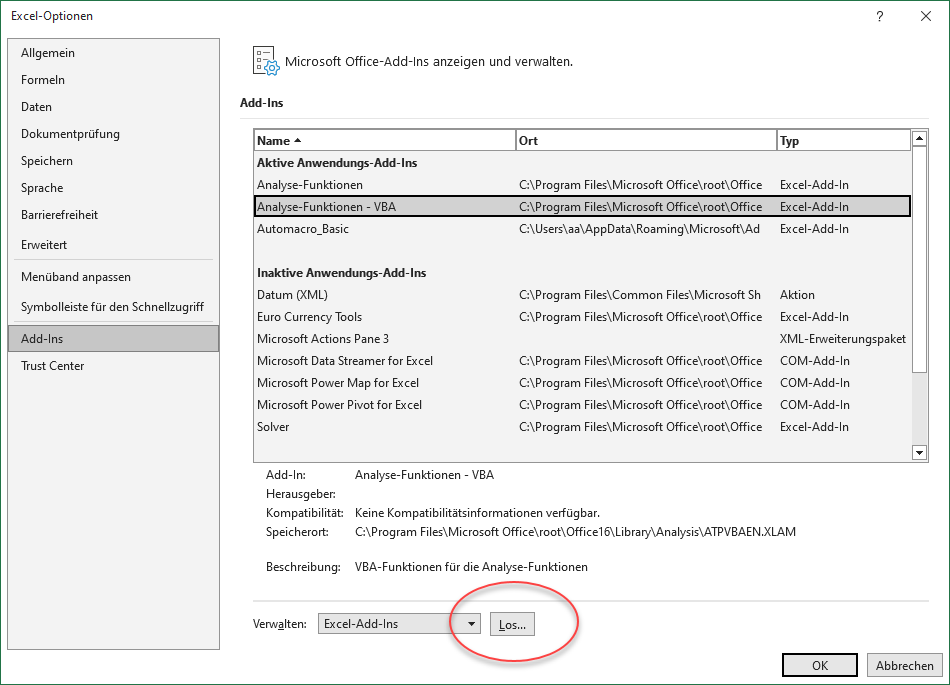 Analyse Funktionen VBA aktivieren