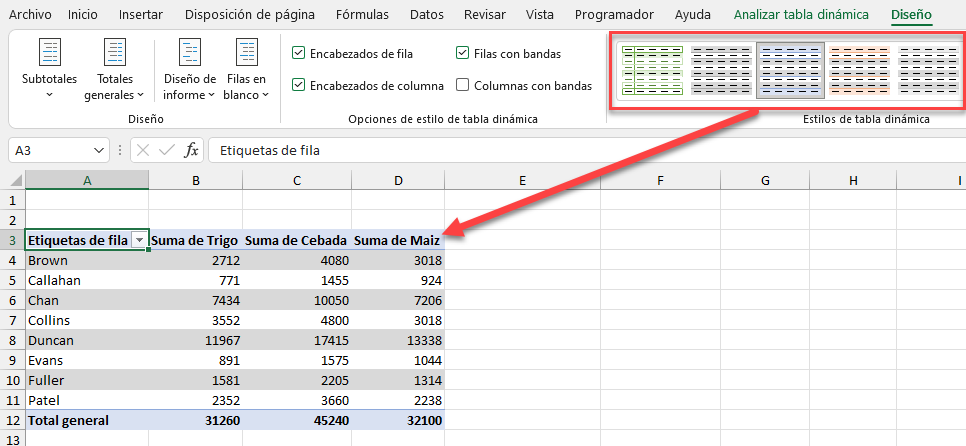 Aplicar Filas con Bandas a Estilo de Tabla Dinámica