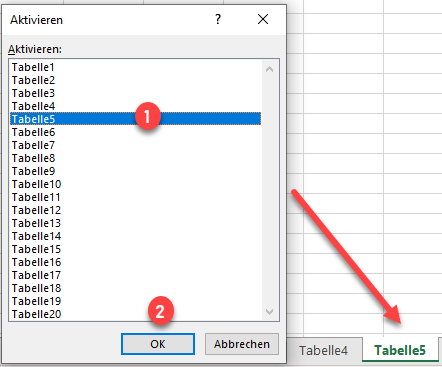 Arbeitsblatt in Registerkartenliste aktivieren