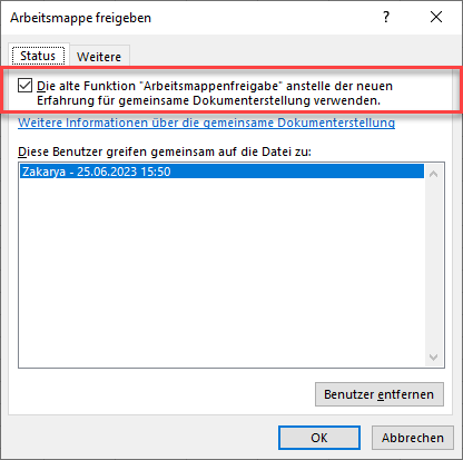 Arbeitsmappe freigeben Optionen