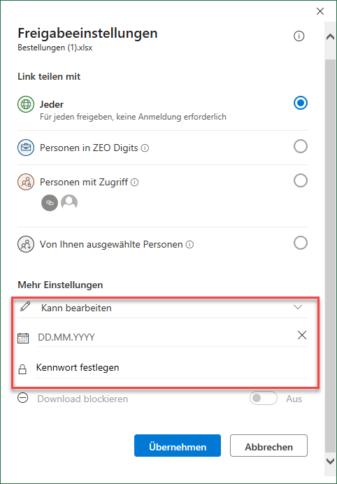 Arbeitsmappe in Excel 365 freigeben Linkeinstellungen