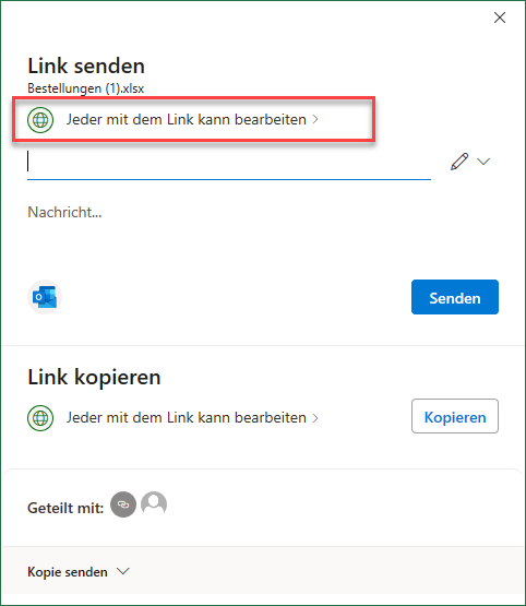 Arbeitsmappe in Excel 365 fuer Personen mit Link freigeben