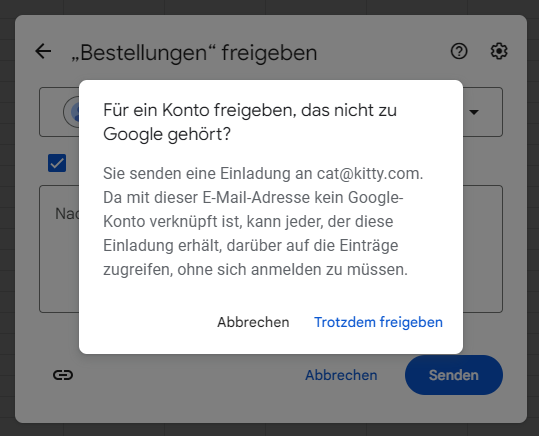 Arbeitsmappe in Google Sheets fuer Personen freigeben Warnung