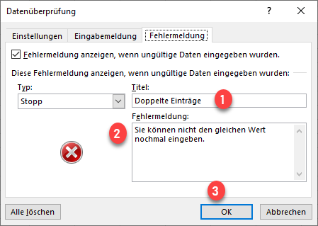 Benutzerdefinierte Fehlermeldung fuer Datenueberpruefung