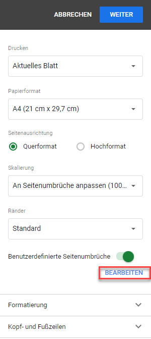 Benutzerdefinierte Seitenumbrueche in Google Sheets bearbeiten