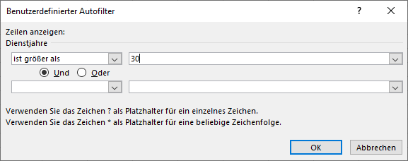 Benutzerdefinierter AutoFilter mit einem Kriterium