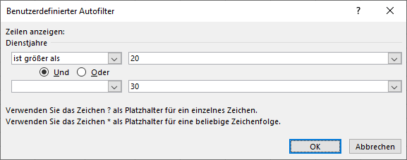 Benutzerdefinierter AutoFilter mit zwei Kriterien