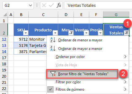 Borrar Filtro de Ventas Totales