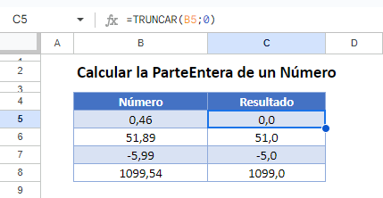 Calcular la Parte Entera de un Número en Google Sheets