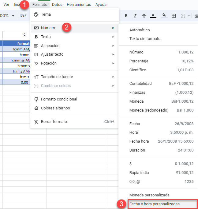 Cambiar el Formato de Hora en Google Sheets Paso1