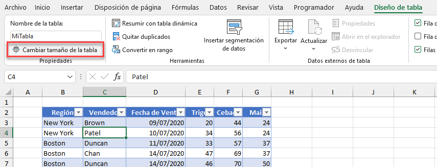 Cambiar el Tamaño de la Tabla