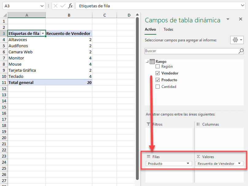 Campo Producto en Filas y Campo Vendedor en Valores