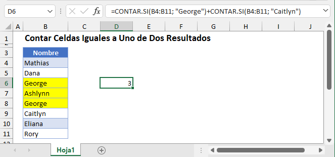 Contar Celdas Iguales a Uno de Dos Resultados en Excel