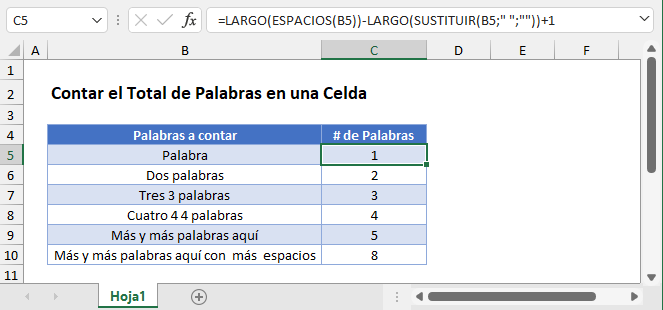 Contar el Total de Palabras en una Celda en Excel