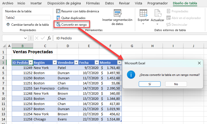 Convertir Tabla en Rango en Excel