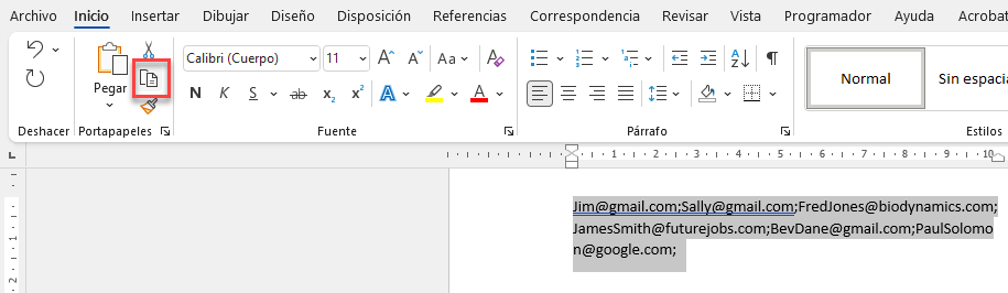 Copiar Lista de Emails desde Word al Portapapeles