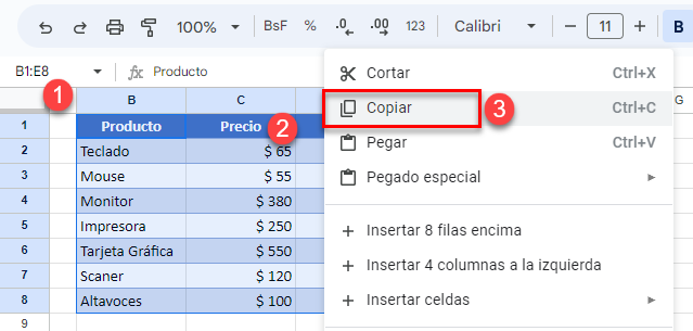 Copiar Tabla de Ventas en Google Sheets