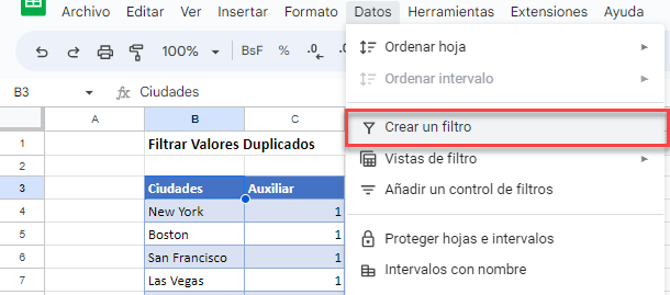 Crear Filtro para Tabla en Google Sheets