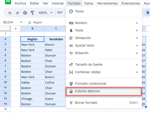 Dar-Formato-Como-Tabla con Colores Alternos en Google Sheets