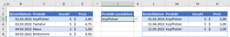 Daten mit Dropdown Liste und Formeln ermitteln