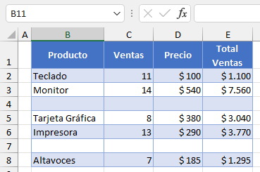 Datos Ejemplo Ocultar Filas en Blanco