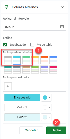 Definir Estilo de Colores Alternos en Google Sheets