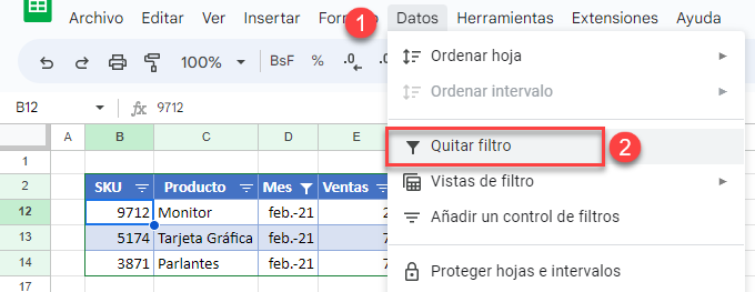 Desactivar Filtros desde el Menú en Google Sheets