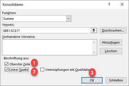 Dialogfenster Daten konsolidieren Optionen