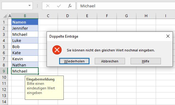 Doppelte Eintraege in Excel vermeiden