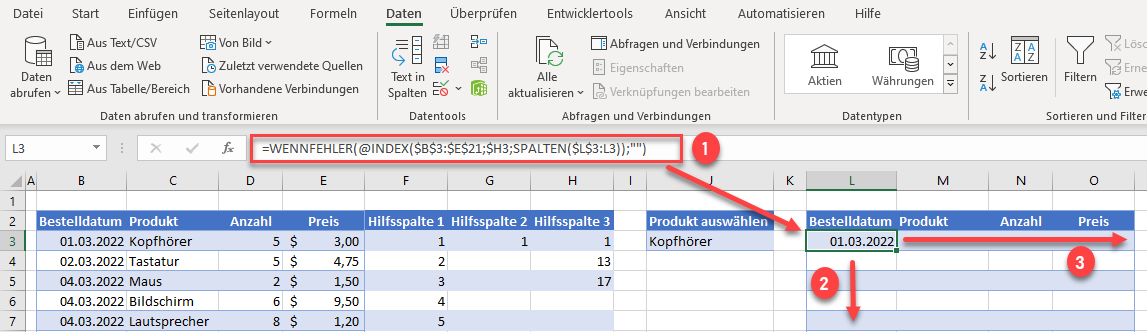 Dropdown Liste Hilfsspalten WENNFEHLER INDEX SPALTEN Funktion