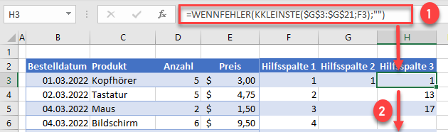 Dropdown Liste Hilfsspalten WENNFEHLER KKLEINSTE Funktion