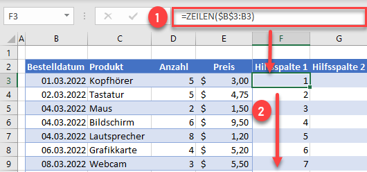 Dropdown Liste Hilfsspalten ZEILEN Funktion