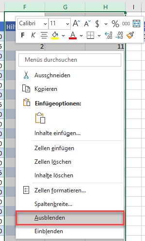 Dropdown Liste Hilfsspalten ausblenden