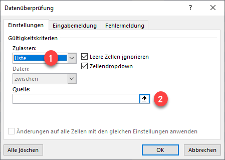 Dropdown Liste mit Datenueberpruefung Einstellungen